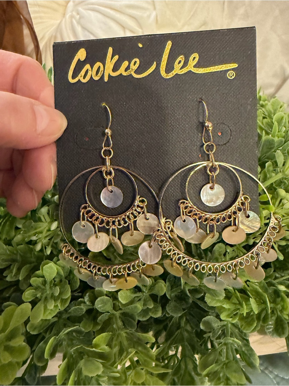 Cookie Lee Gold and Capiz Shell  Hoop Chandelier Earrings